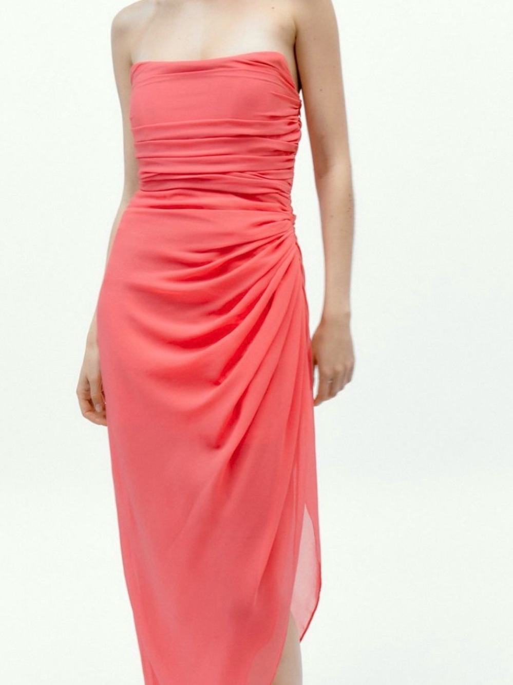 Zara Strapless Coral-Pink Ruched Midi Dress